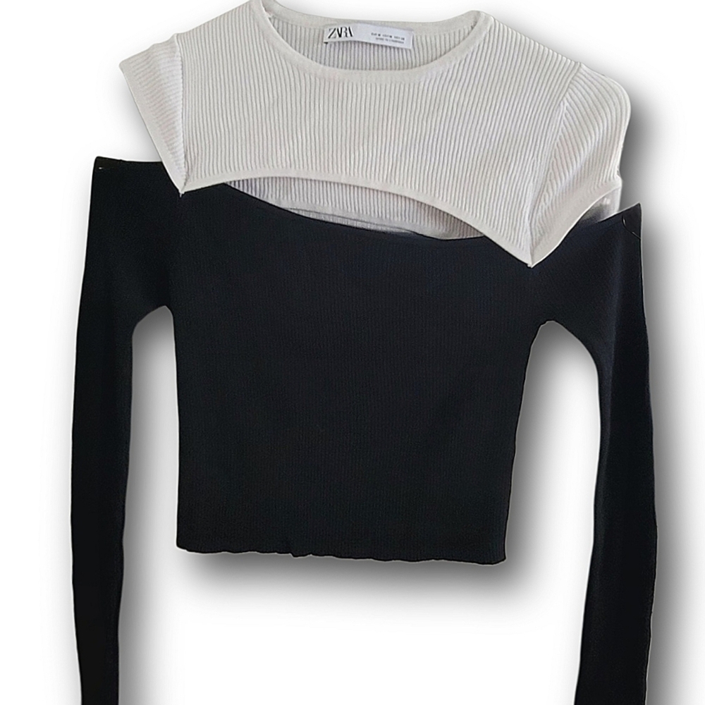 Zara Black & White Colorblock Cutout Ribbed Knit Crop Top Sz M Long Sleeve